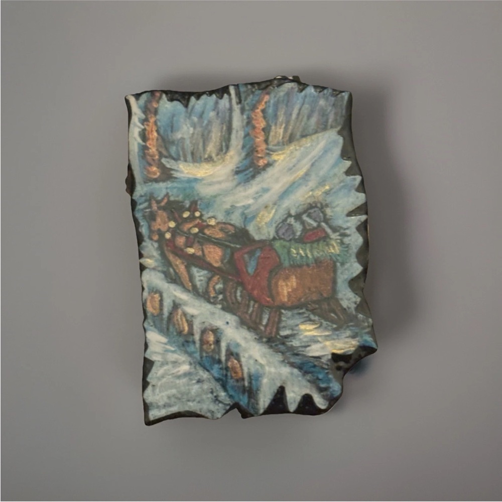Hand Painted Vibrant Winter Sleigh Ride Scene Brooch